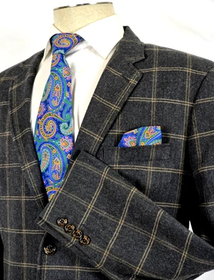 Tasso Elba Wool Cotton Sport Coat Winter Flannel Gray Windowpane Check XL 46-48 - Image 1 of 4