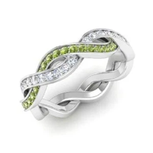 1.08 Ct Natural Peridot Diamond Engagement Eternity Band 14K Solid White Gold - Picture 1 of 4