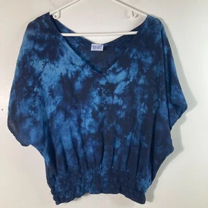 Top corto para mujer Oh My Gauze cuello en V manga encogida tie dye S azul negro algodón - Imagen 1 de 8