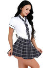 US Women School Girl Lingerie Set Uniform Cosplay Costume Tops +Plaid Mini Skirt