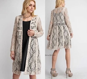 New VOCAL Womens BEIGE STUDDED LACE FAUX SUEDE CARDIGAN DUSTER JACKET S M L XL - Picture 1 of 11
