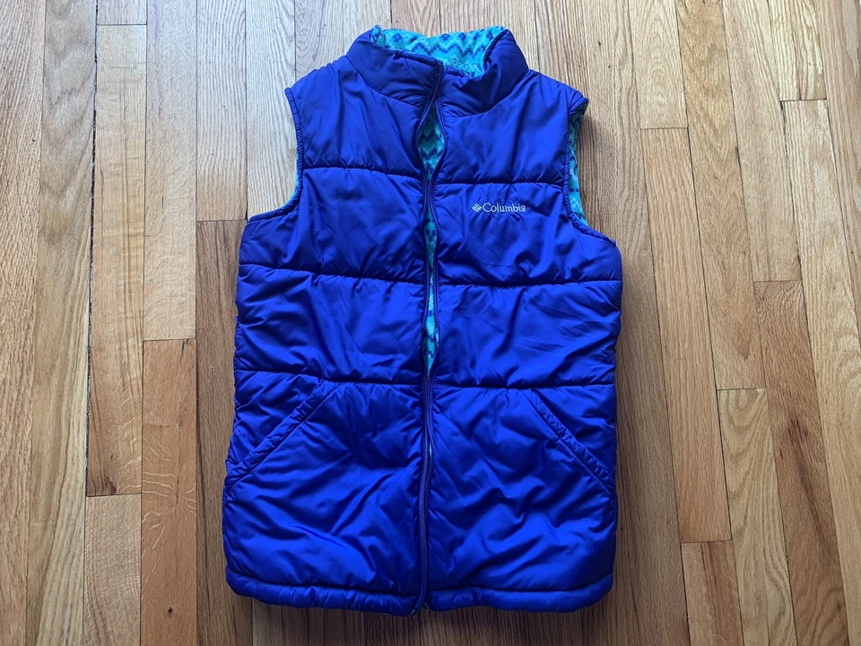 Chaleco acolchado reversible Columbia para mujer talla L (14-16) diseño tribal púrpura/verde azulado Foto 1 de 4