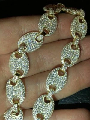 Mens 12mm Puffed Mariner Bracelet 14k Gold Plated Solid 925 Sterling Silver CZ - Image 1 of 4