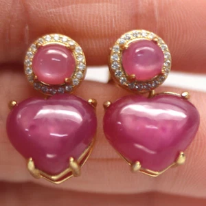 Heated 10 x 13 MM. Pink Ruby & White Cubic Zirconia Earrings 925 Sterling Silver - Picture 1 of 4