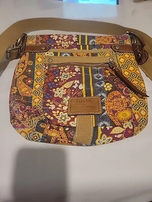 Fossil 花卉帆布和皮革手提包 复古斜挎包单肩包 — 第 1/4 张图片