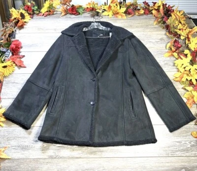 Abrigo de gamuza talla mediana para mujer negro imitación gamuza/abrigo de guisante forrado Sherpa UTEX Foto 1 de 4