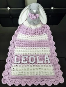 Crochet Baby Comfort Blanket Personalised Lilac and White - Picture 1 of 2