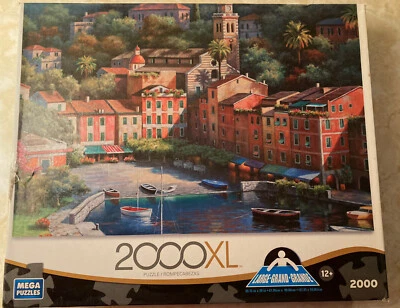 2000XL New MEGA Jigsaw Puzzle Italian Village Harbor 26.75” x 39”Box Damage - Image 1 of 3