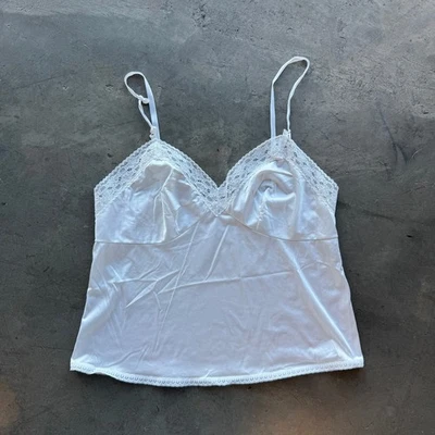 Camiseta sin mangas vintage Y2K Vanity Fair encaje ribete satinado blanco lencería camisola S Foto 1 de 4