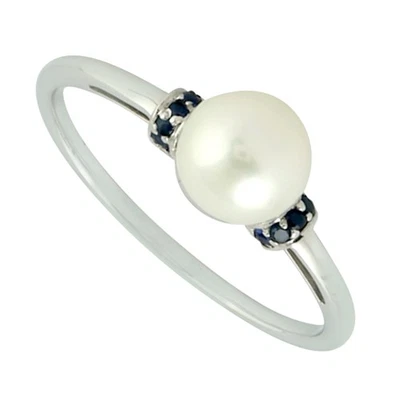14k White Gold Natural Pearl Blue Sapphire Band Ring For Women Wedding Jewelry - Image 1 of 4