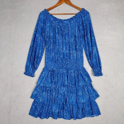 Vestido Michael Kors Para Mujer Pequeño Azul Mosaico Fuera del Hombro Manga Larga En Niveles Foto 1 de 4