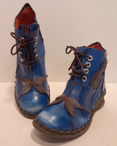 TMA Eyes Size 7.5US/38EU Blue Washed Leather Oxford Booties w Floral Applique - Picture 1 of 13