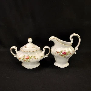 Johann Haviland Creamer & Sugar w/Lid Red Pink Moss Rose Green Gold 1966-1980's - Picture 1 of 16