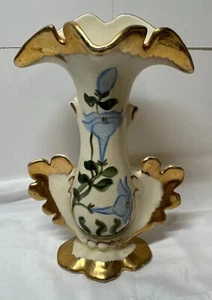GOLDRA E. PALESTINE O. Vase Blue Flowers, Gold rims - Picture 1 of 10