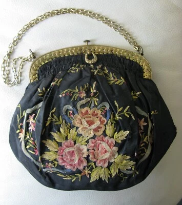 Antique Gold Frame French Black Floral Le Point De Beauvais Purse FRANCE - Image 1 of 4