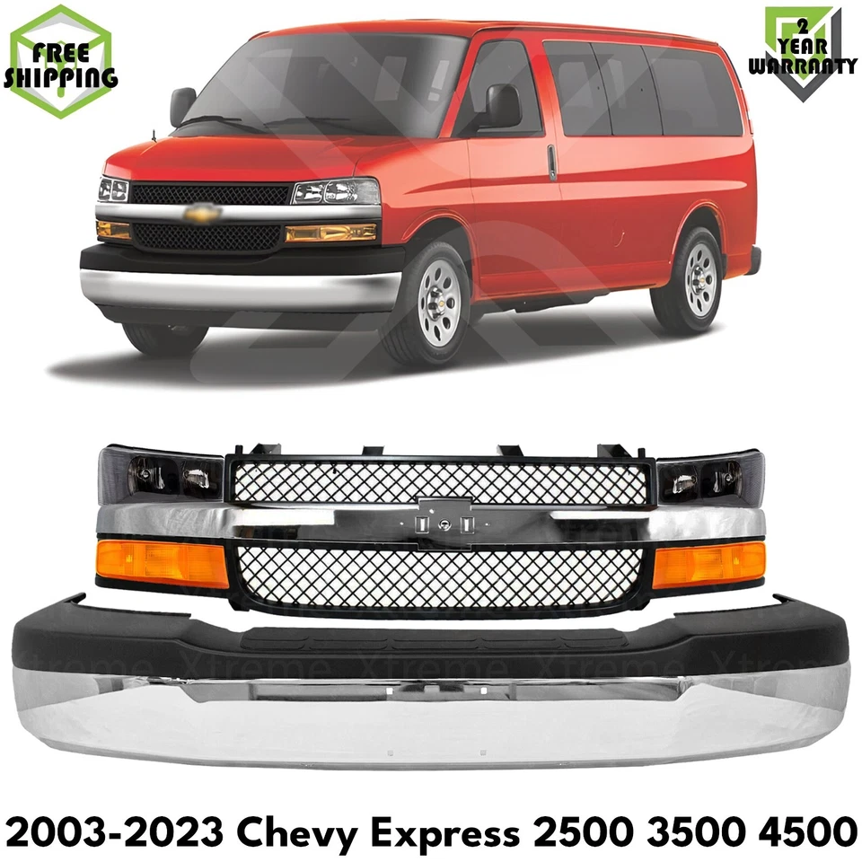 Front Bumper Chrome & Headlight Kit For 2003-2023 Chevy Express 2500 3500 4500 Foto 1 de 4