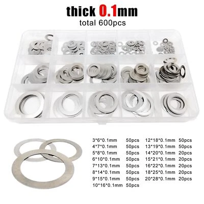 600pcs M3-M20 304 Thin Flat Washer Adjusting Shim Plain Gasket Kit Set 0.1mm - Image 1 of 4