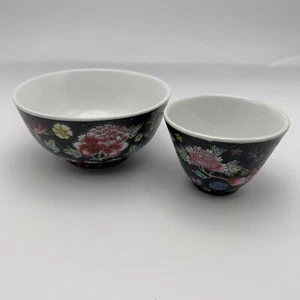 Black Chinese Jingdezhen Porcelain Famille Noir Thousand Flowers Bowl Set Of 2 - Picture 1 of 10