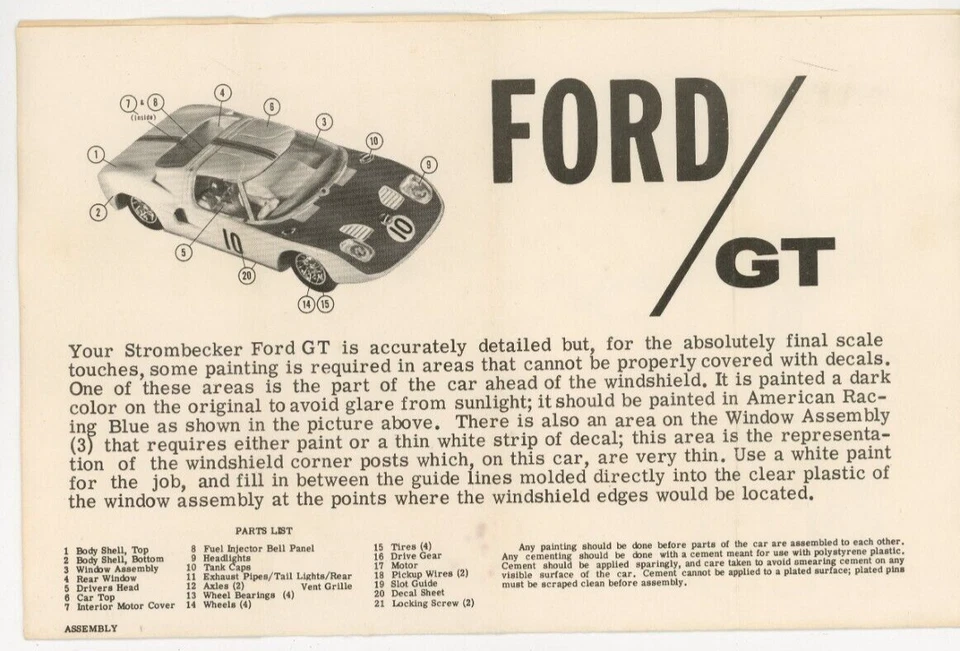 Una hoja de instrucciones vintage Strombecker Ford GT Foto 1 de 1