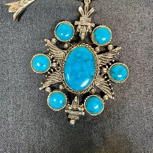 Ciondolo vintage turchese 4" sfera argento 24" catena marcata arte C fiore di zucca - Foto 1 di 7