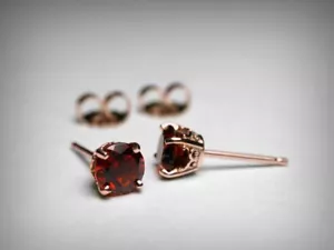 Genuine Garnet Stud Earrings 14K Rose Gold 5mm 6mm 7mm 8mm January Birthstone. - Picture 1 of 4