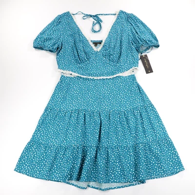 City Triangles Women's V Neck Puffed Sleeve Polka Dot Woven Flare Dress Green L - Image 1 of 4