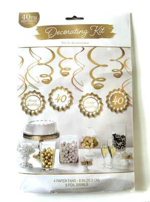40th Birthday Party Decorating Kit Gold & White 4 Paper Fans 8 Gold Swirls 12pcs - Image 1 of 4