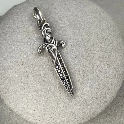 Authentic david yurman dagger amulet men's pendant black diamonds and silver - Image 1 of 4