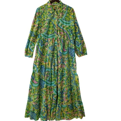 Vestido camisero midi con estampado abstracto en capas de ZARA para mujer talla L verde amarillo azul rosa Foto 1 de 4