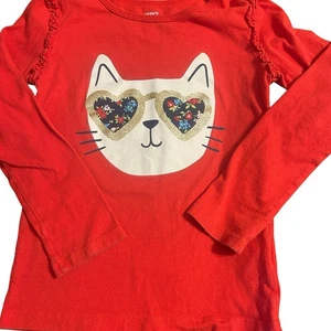 Carters Red Cat Heart Sunglasses Ruffle Sleeve Long Sleeve Top Girls 5T - Picture 1 of 4
