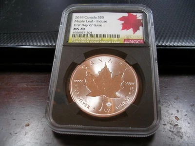 2019 Canada NGC Silver 1 oz  MS70 Maple Leaf - Incuse. First Day Of Issue - Image 1 of 2