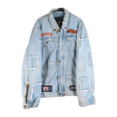 Vintage Natural Grunge Diamond Denim Jacket Motorcycle Patches Distressed Sz XL - Image 1 of 4
