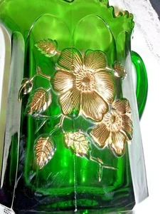 NORTHWOOD GOLD ROSE GREEN PITCHER MARKED W/ N HALLMARK LOGO - Picture 1 of 8