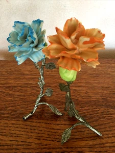 2 Capodimonte Style Porcelain Roses Metal Silvertone Stems Leaves Orange & Blue - Picture 1 of 9