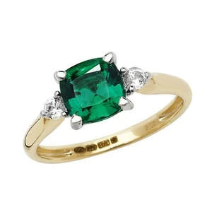 Yellow Gold Emerald Solitaire Ring Cushion White Sapphire Engagement Hallmarked - Picture 1 of 4