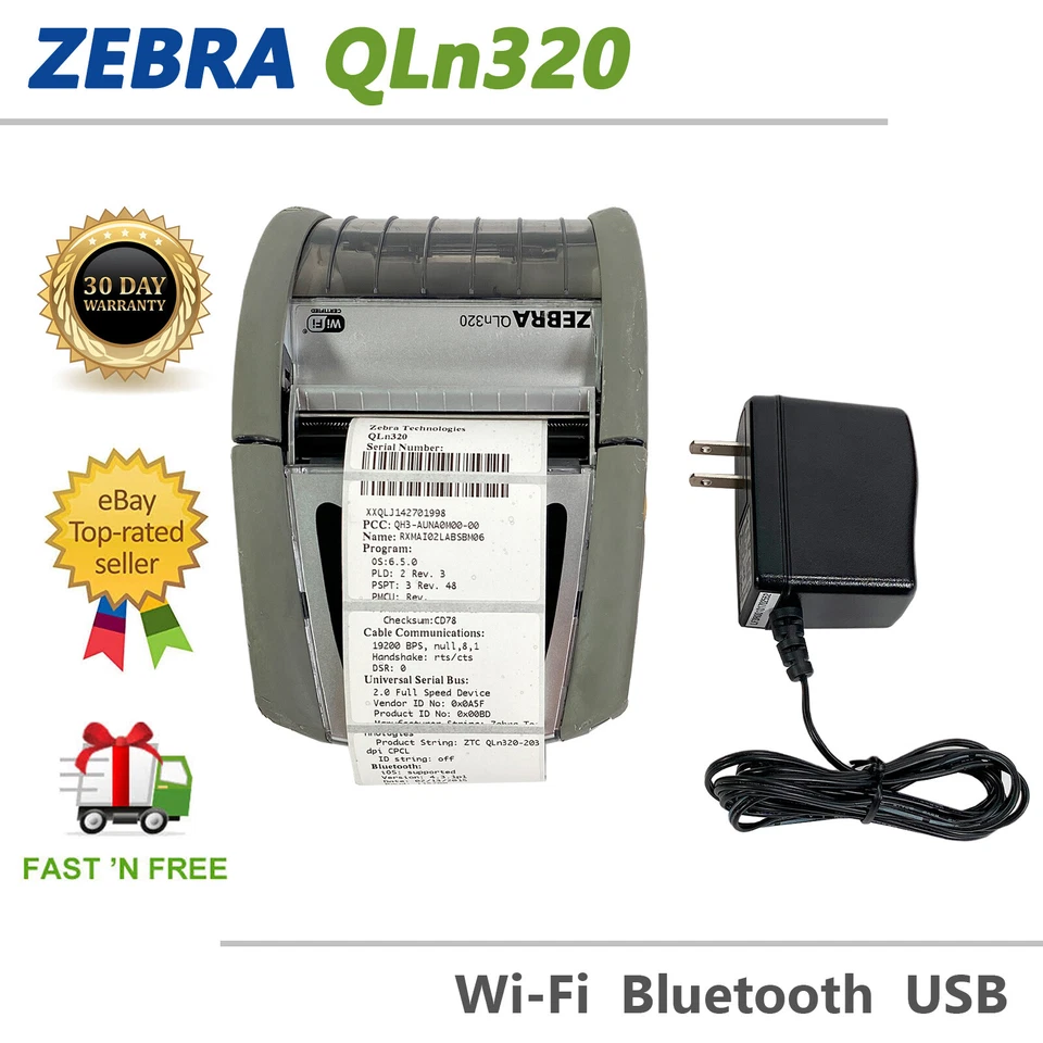 TESTED Zebra QLn320 Mobile Barcode Thermal Printer Wi-Fi Bluetooth USB Serial - Image 1 of 4