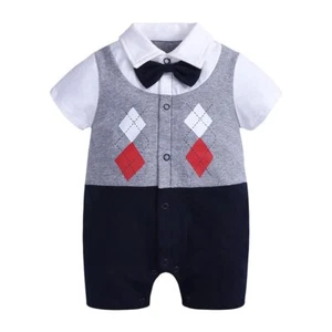 Baby Boys Gentleman Romper Tuxedo Jumpsuit One-Piece Button-Down Bowtie Weddi... - Picture 1 of 2