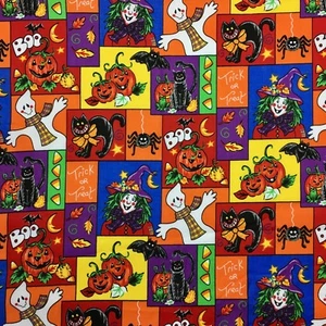 1/2 M Halloween Fabric Trick or Treat Patchwork Multicolour Cat Pumpkin - Picture 1 of 2