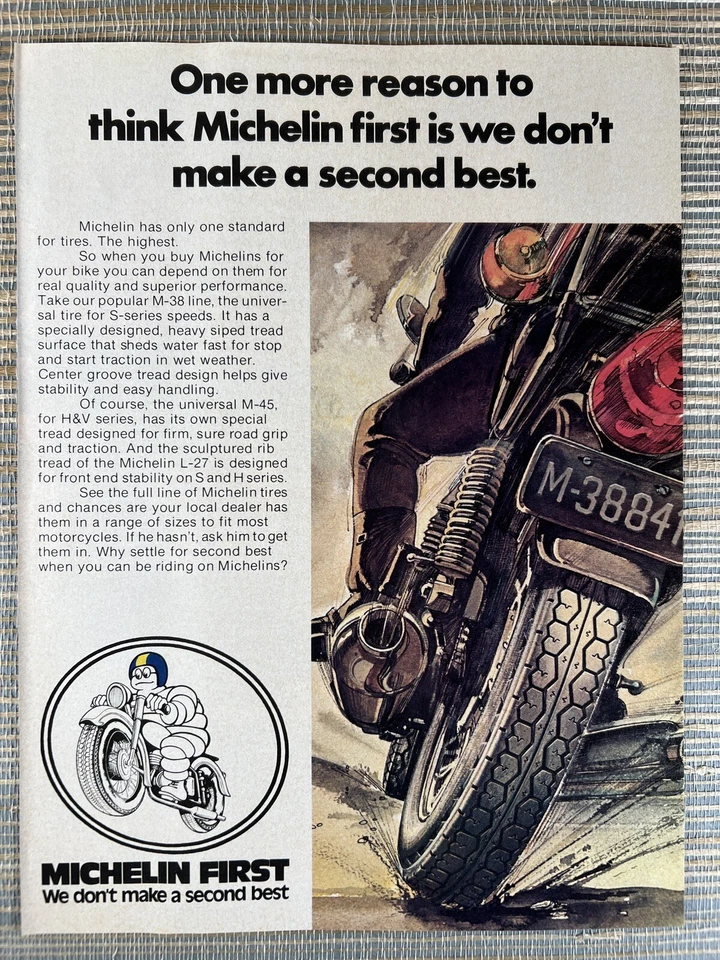 Michelin Motorcycle Tires M-38 M-45 L-27 S H H&V Series 1976 Vintage Print Ad - Image 1 of 1
