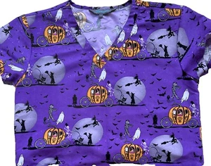 Serene Uniforms Halloween Scrub Top Ladies S Witch Ghost Mummy Black Cat Sparkle - Picture 1 of 7