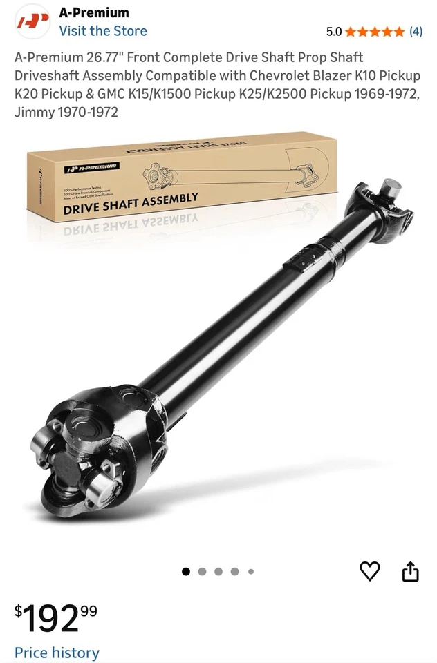 26.77 in Front Driveshaft for 1969-1972 Chevrolet Blazer GMC K15/K1500 Pickup - Image 1 of 4