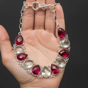 Natürlicher Rubin und grüner Amethyst Halskette in Sterlingsilber GRÖSSE"18 - Bild 1 von 6