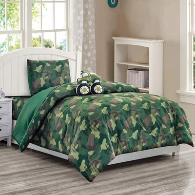 Juego de edredón de 4 piezas de ropa de cama WPM Kids Collection verde militar tamaño doble con Foto 1 de 4