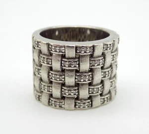 EFFY - STERLING SILVER WITH DIAMONDS BRUSHED BASKET WEAVE WIDE RING - SIZE 7 - Picture 1 of 6