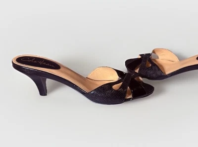 Vintage COLE HAAN Black Leather Kitten Heel Mules Patent Leather Sexy Sz 8AA - Image 1 of 4