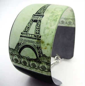 EIFFEL TOWER PARIS FRANCE vintage postcard Resin cuff bangle bracelet black gren - Picture 1 of 6