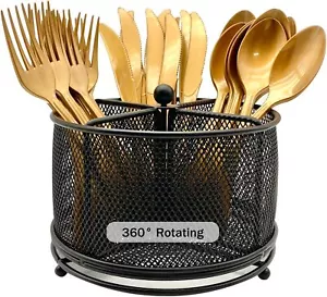 360° Rotating Metal Utensil Caddy - 4 Compartment Silverware Cutlery Holder Fork - Picture 1 of 1