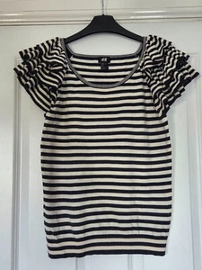 H&M NAUTICAL NAVY IVORY STRIPE SCOOPNECK LAYER RUFFLE FRILL SHORT SLEEVE JUMPER - Picture 1 of 4