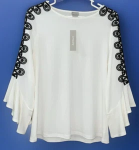 Chico's Swirled Lace Flutter Sleeve Top Womens 1 Medium Ecru Black Lace NEW FLAW - Picture 1 of 20