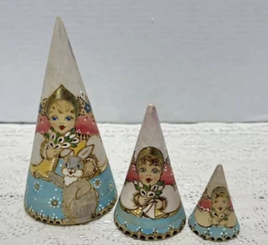 Russian Nesting Dolls Cone Shape Set of 3 Wooden Carved Girl with Bunny Rabbit - Picture 1 of 11